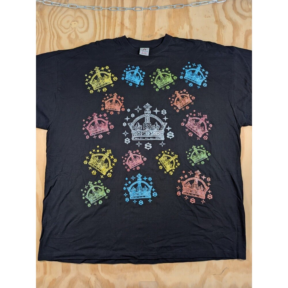 Vintage Y2K Triple Seven Allover Crown Dollar Sign Glitter Tee Black 4XL